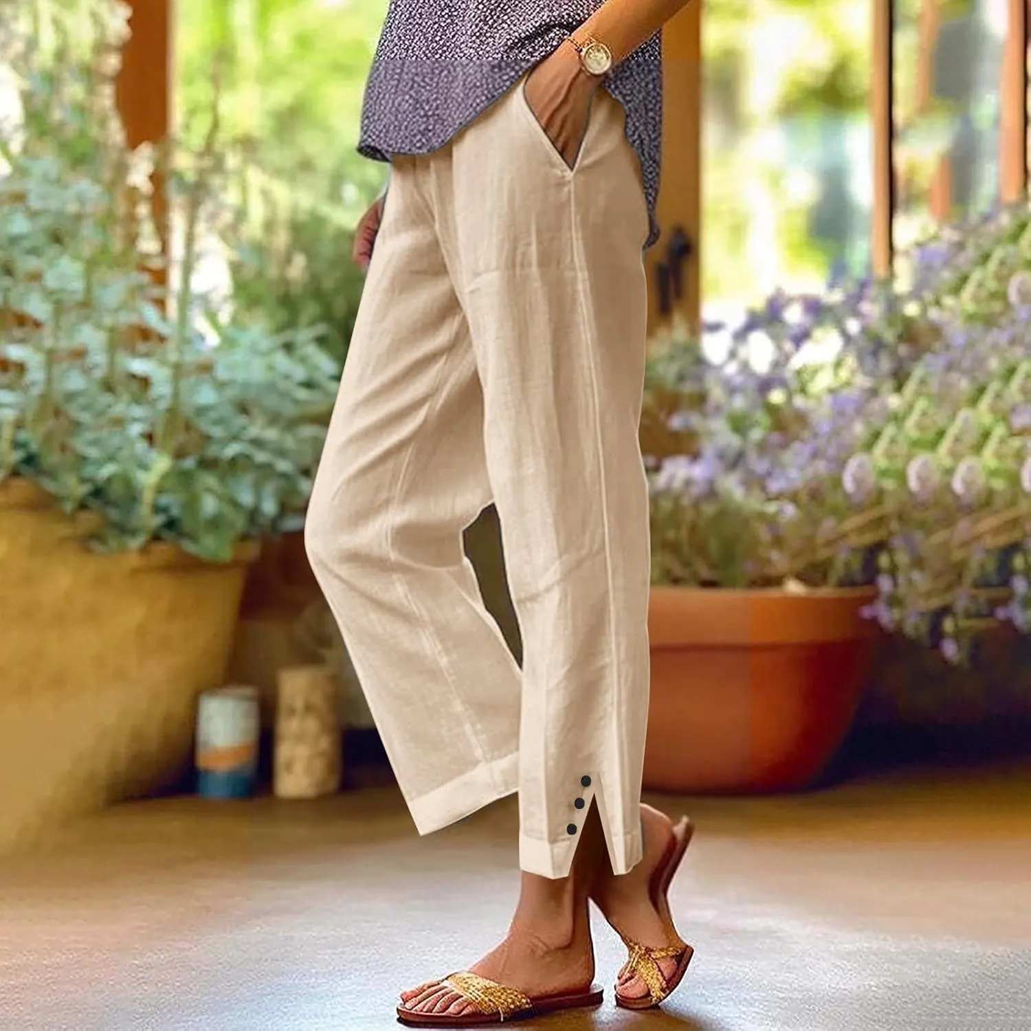 Cropped Linen Pants Women Summer Elastic Waist Straight Leg Plus Size Crop Pants Casual Beach Trousers with Pockets
