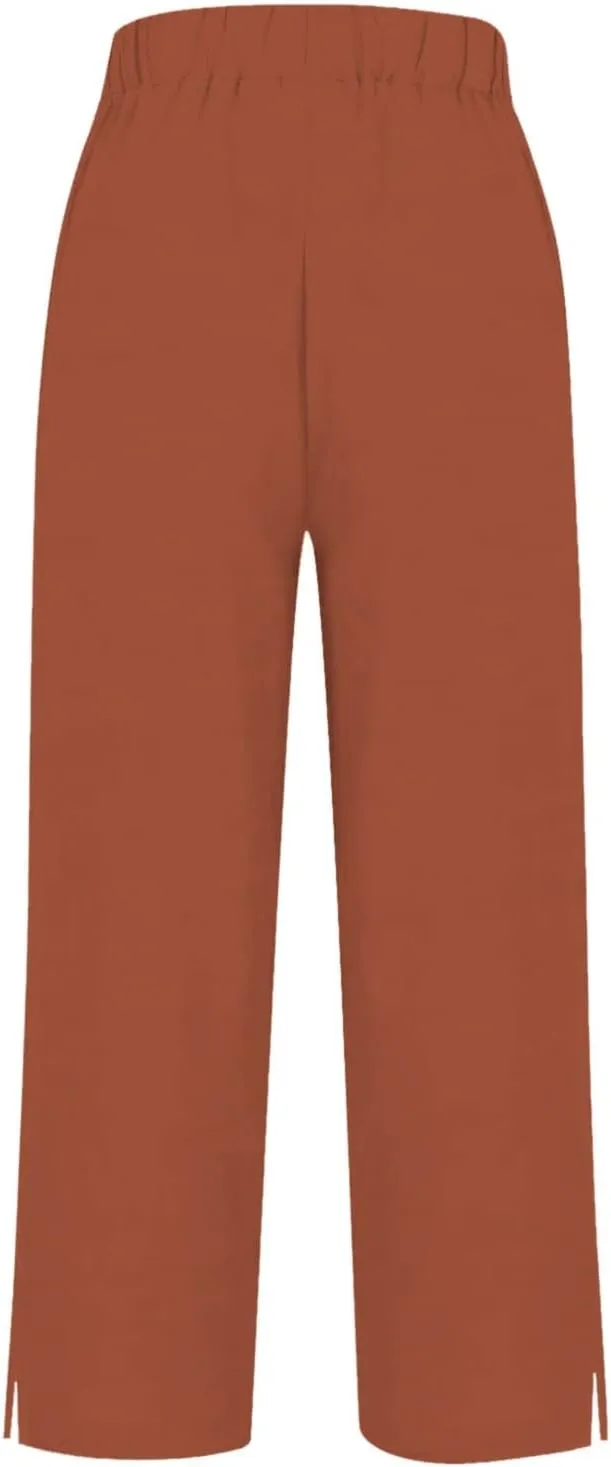 Cropped Linen Pants Women Summer Elastic Waist Straight Leg Plus Size Crop Pants Casual Beach Trousers with Pockets