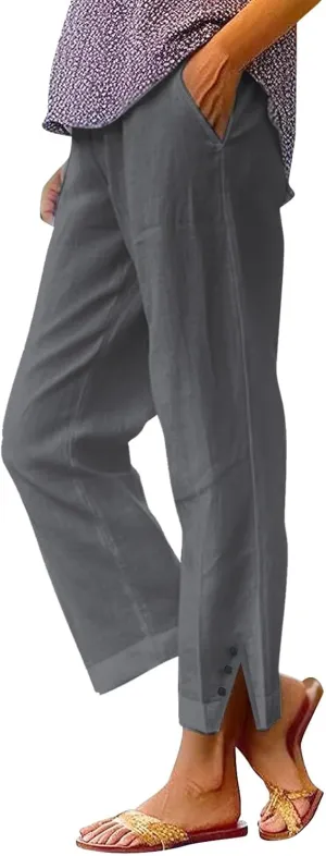 Cropped Linen Pants Women Summer Elastic Waist Straight Leg Plus Size Crop Pants Casual Beach Trousers with Pockets