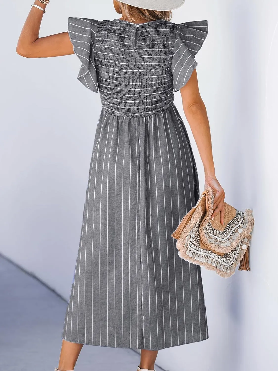 CUPSHE Women's Summer Dress Square Neck Striped Smocked Dress Ruffled Cap Sleeves Dress A Line Maxi Formal Dress