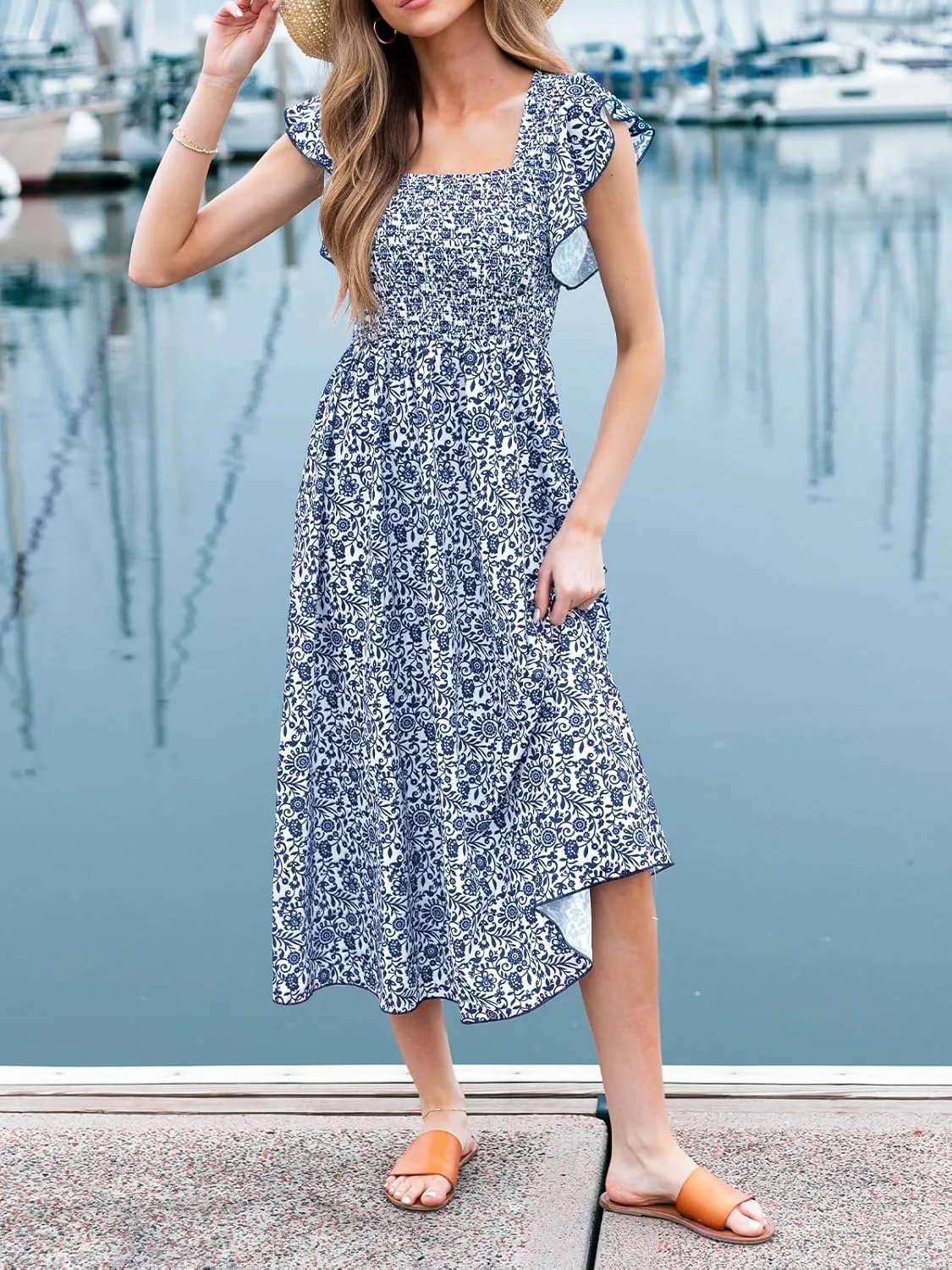 CUPSHE Women's Summer Dress Square Neck Striped Smocked Dress Ruffled Cap Sleeves Dress A Line Maxi Formal Dress
