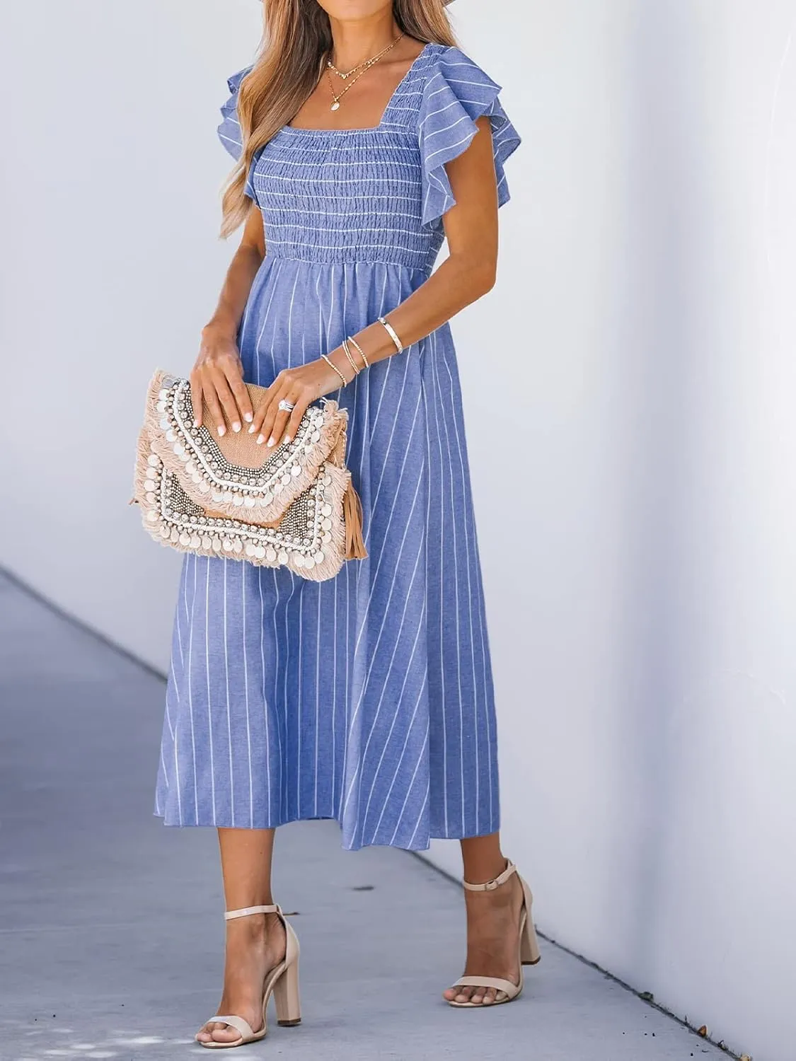 CUPSHE Women's Summer Dress Square Neck Striped Smocked Dress Ruffled Cap Sleeves Dress A Line Maxi Formal Dress