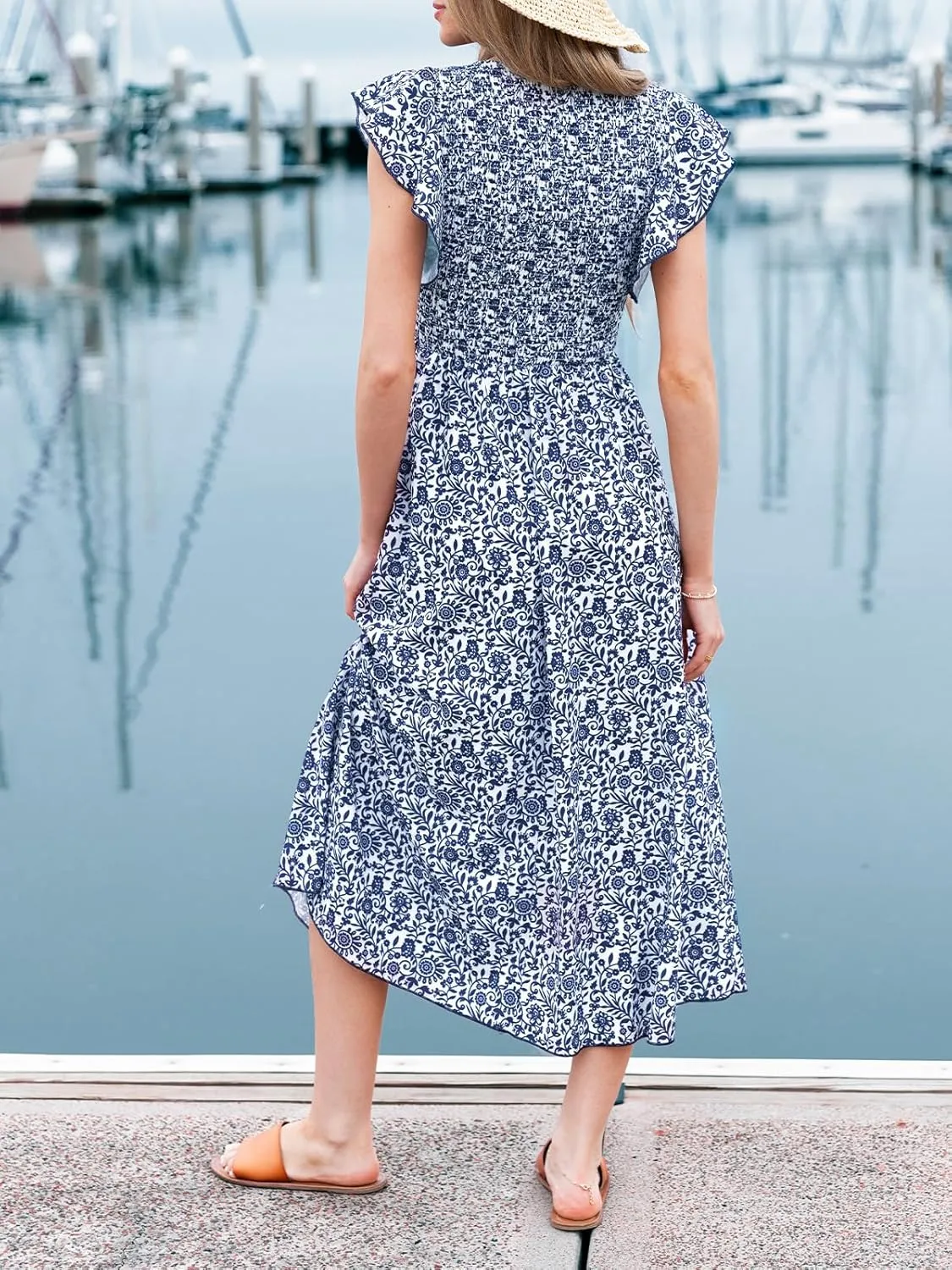 CUPSHE Women's Summer Dress Square Neck Striped Smocked Dress Ruffled Cap Sleeves Dress A Line Maxi Formal Dress