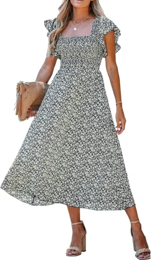 CUPSHE Women's Summer Dress Square Neck Striped Smocked Dress Ruffled Cap Sleeves Dress A Line Maxi Formal Dress