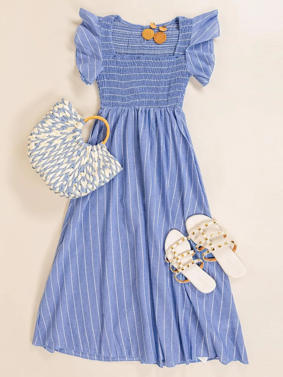 CUPSHE Women's Summer Dress Square Neck Striped Smocked Dress Ruffled Cap Sleeves Dress A Line Maxi Formal Dress