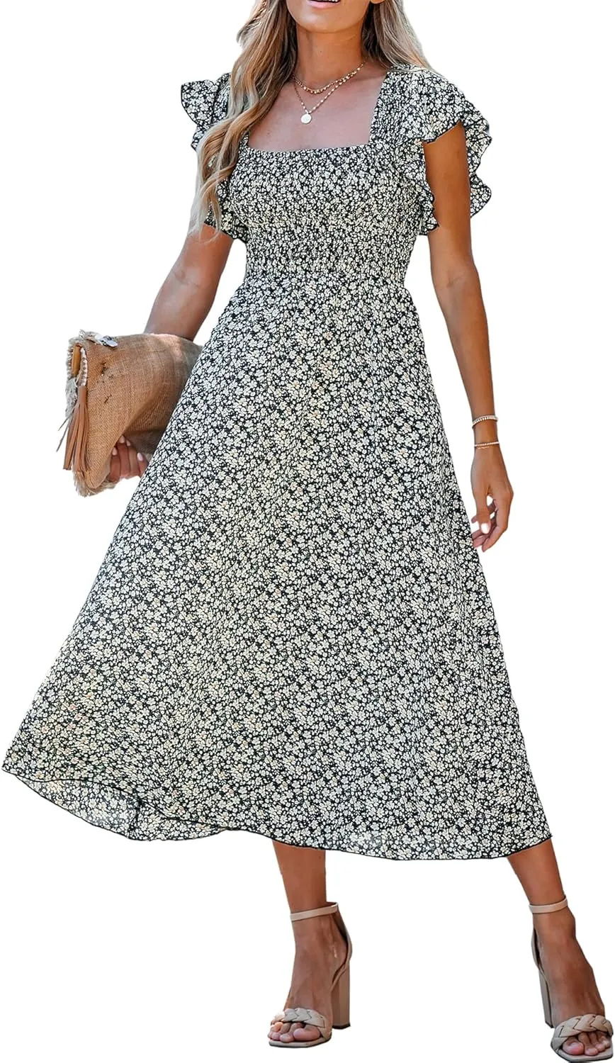 CUPSHE Women's Summer Dress Square Neck Striped Smocked Dress Ruffled Cap Sleeves Dress A Line Maxi Formal Dress