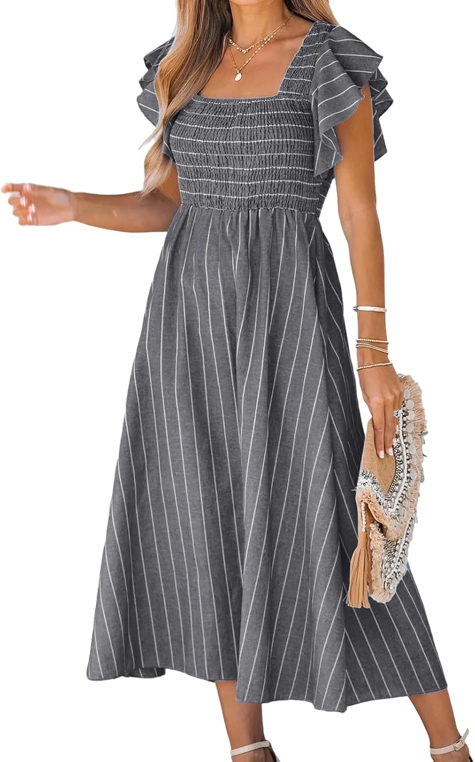 CUPSHE Women's Summer Dress Square Neck Striped Smocked Dress Ruffled Cap Sleeves Dress A Line Maxi Formal Dress