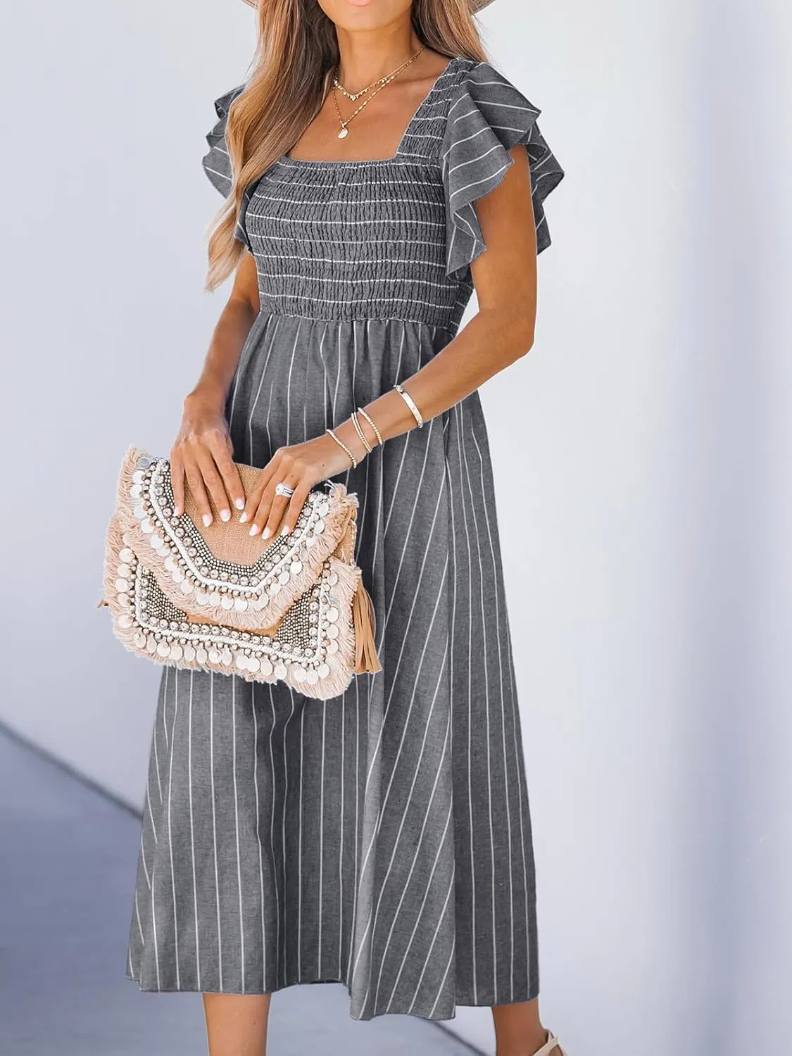 CUPSHE Women's Summer Dress Square Neck Striped Smocked Dress Ruffled Cap Sleeves Dress A Line Maxi Formal Dress