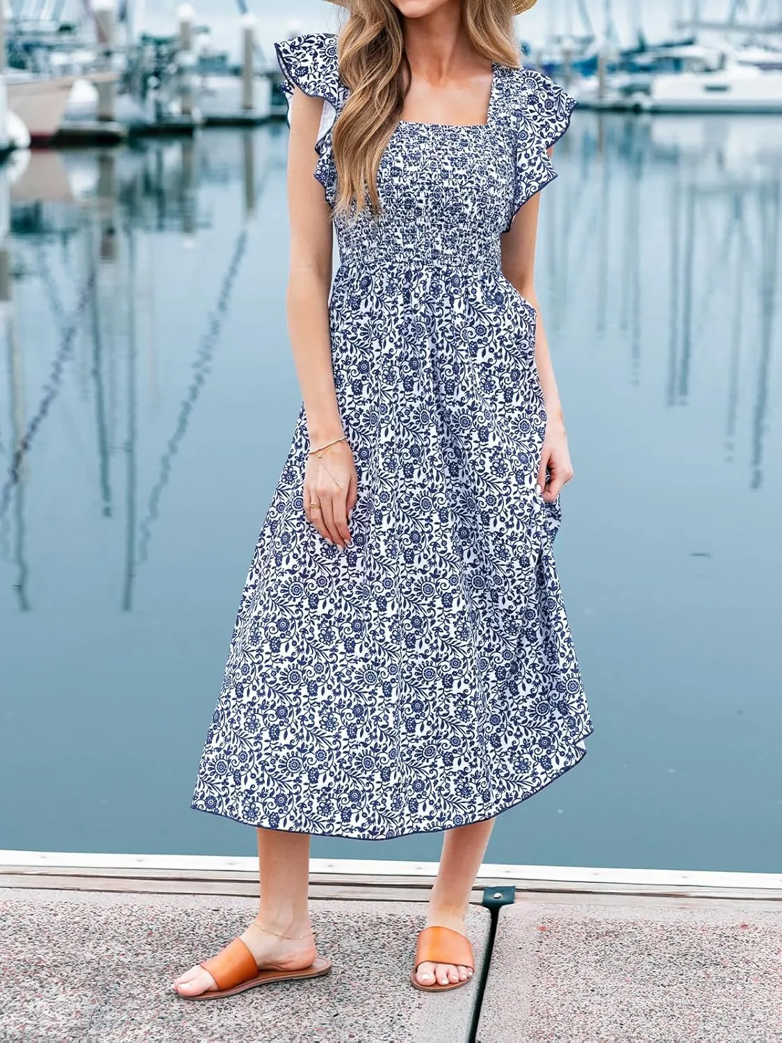 CUPSHE Women's Summer Dress Square Neck Striped Smocked Dress Ruffled Cap Sleeves Dress A Line Maxi Formal Dress