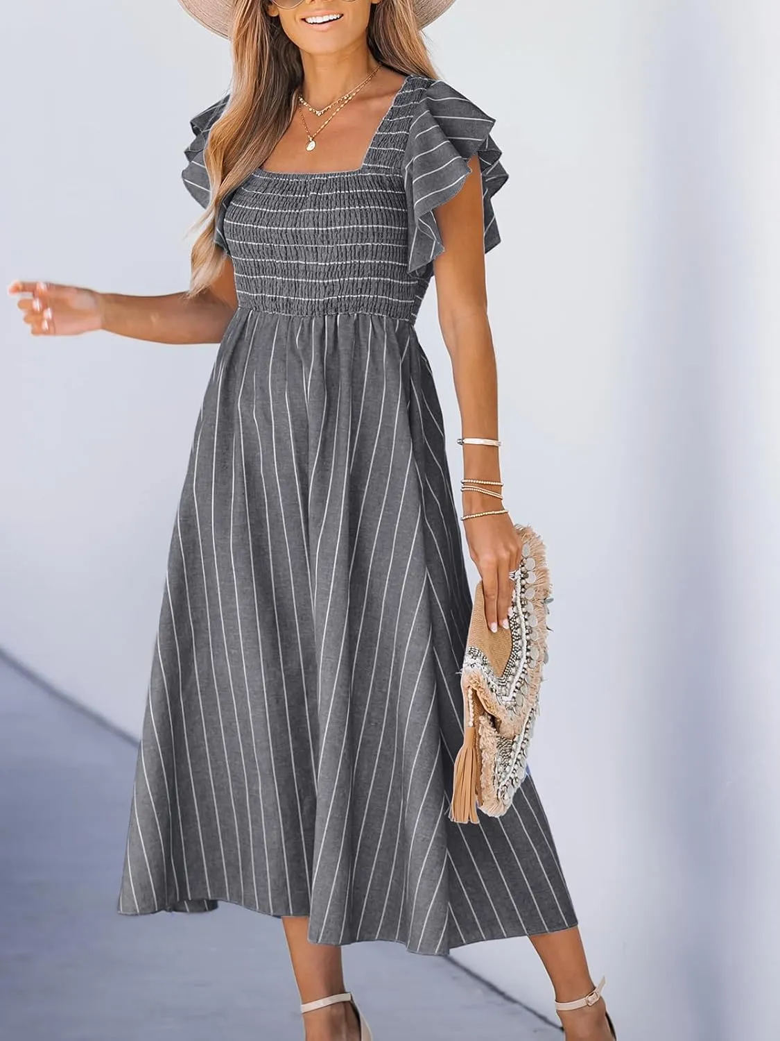CUPSHE Women's Summer Dress Square Neck Striped Smocked Dress Ruffled Cap Sleeves Dress A Line Maxi Formal Dress
