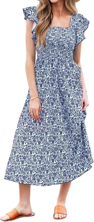 CUPSHE Women's Summer Dress Square Neck Striped Smocked Dress Ruffled Cap Sleeves Dress A Line Maxi Formal Dress
