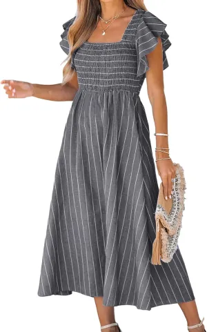 CUPSHE Women's Summer Dress Square Neck Striped Smocked Dress Ruffled Cap Sleeves Dress A Line Maxi Formal Dress