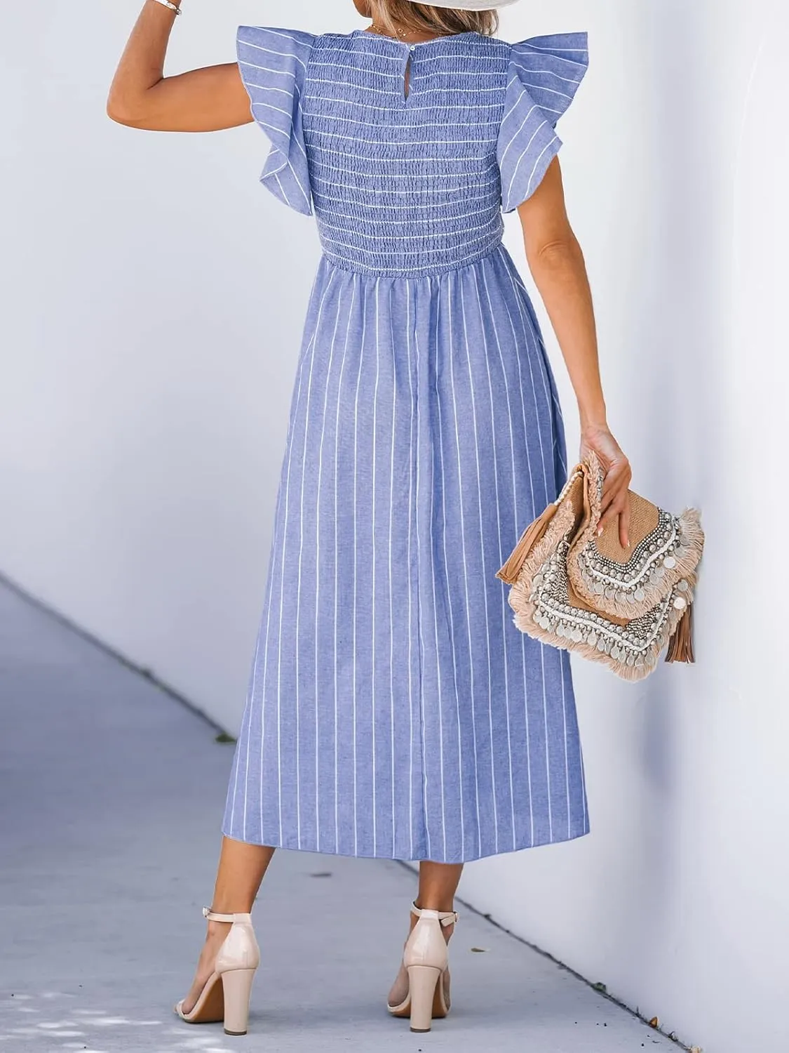 CUPSHE Women's Summer Dress Square Neck Striped Smocked Dress Ruffled Cap Sleeves Dress A Line Maxi Formal Dress