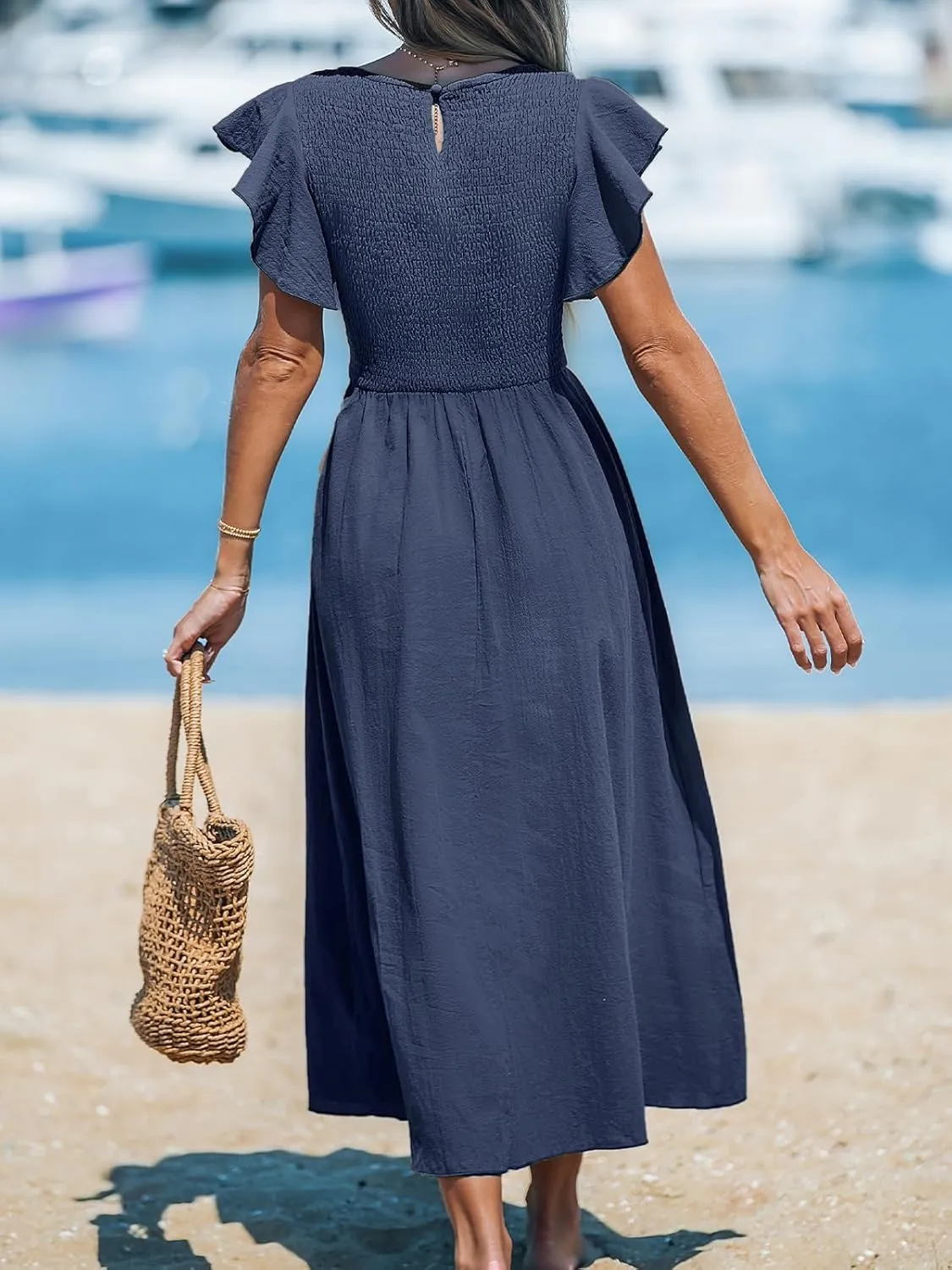 CUPSHE Women's Summer Dress Square Neck Striped Smocked Dress Ruffled Cap Sleeves Dress A Line Maxi Formal Dress