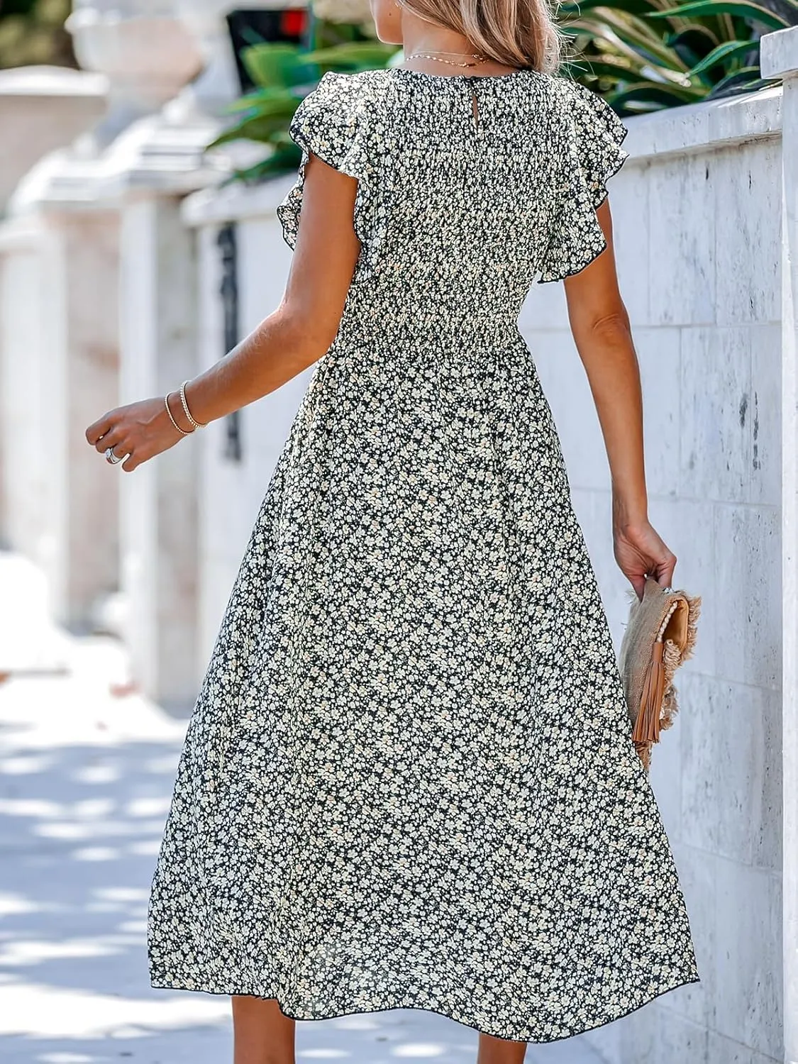 CUPSHE Women's Summer Dress Square Neck Striped Smocked Dress Ruffled Cap Sleeves Dress A Line Maxi Formal Dress