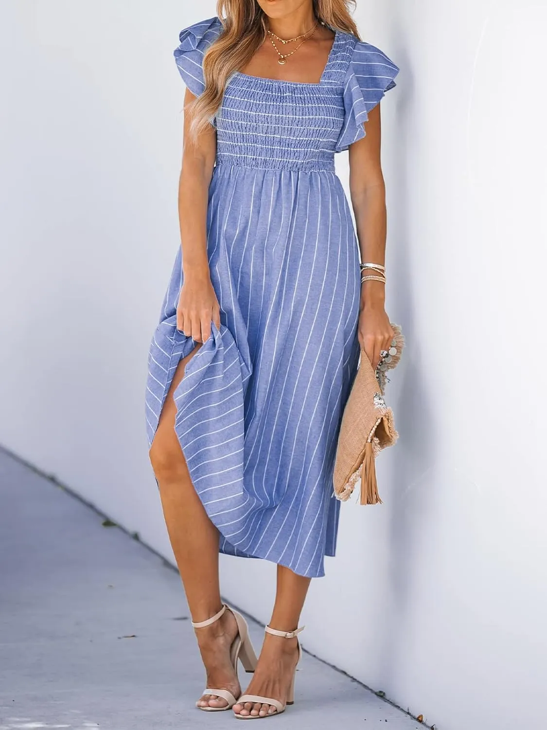 CUPSHE Women's Summer Dress Square Neck Striped Smocked Dress Ruffled Cap Sleeves Dress A Line Maxi Formal Dress