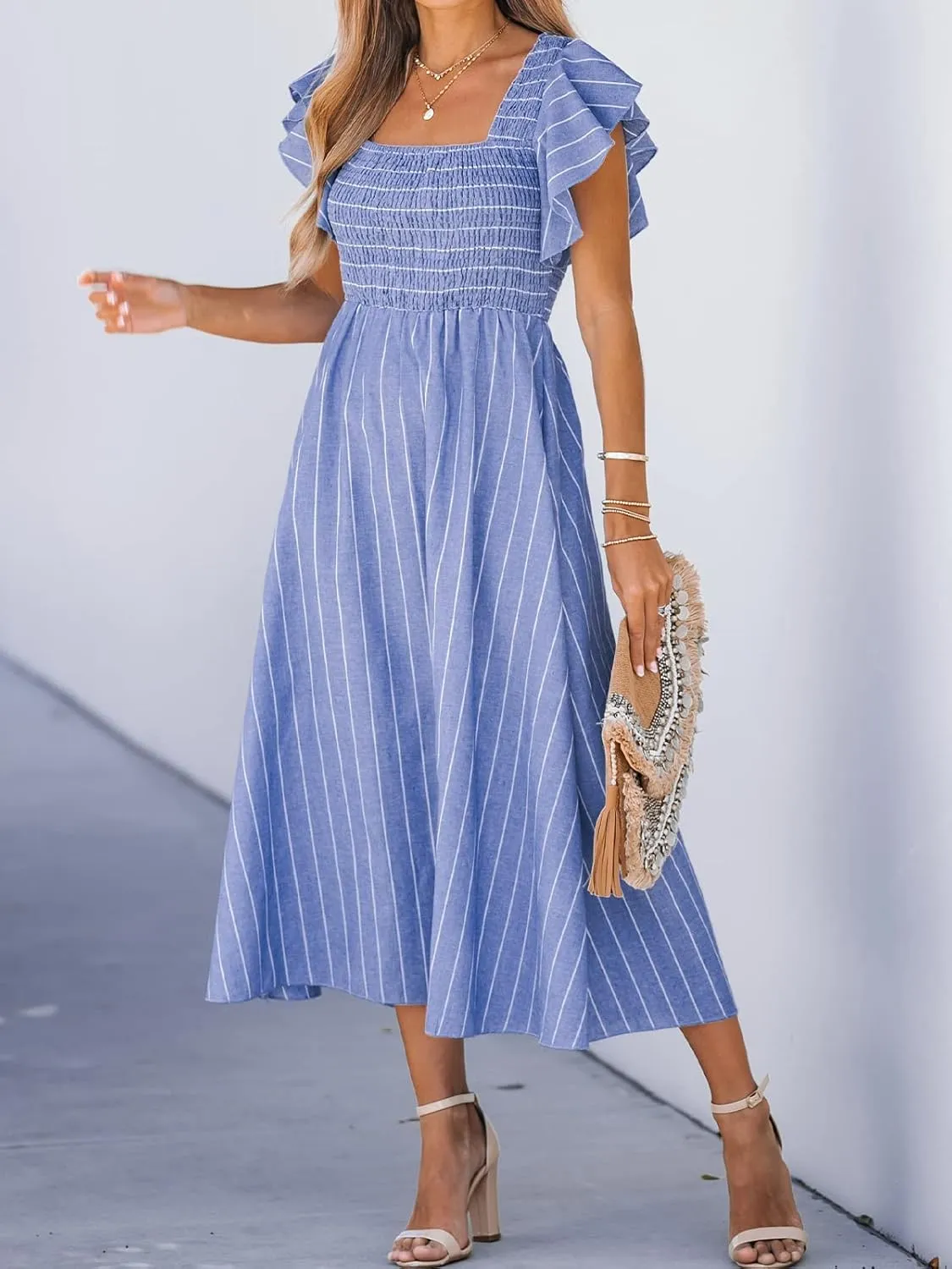 CUPSHE Women's Summer Dress Square Neck Striped Smocked Dress Ruffled Cap Sleeves Dress A Line Maxi Formal Dress