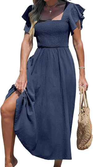 CUPSHE Women's Summer Dress Square Neck Striped Smocked Dress Ruffled Cap Sleeves Dress A Line Maxi Formal Dress