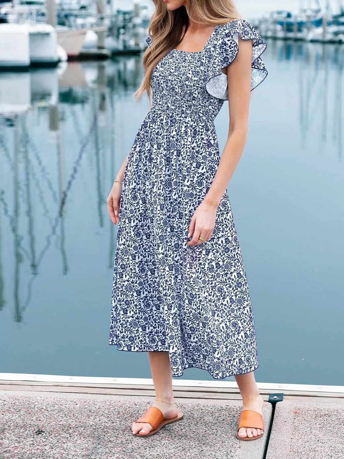 CUPSHE Women's Summer Dress Square Neck Striped Smocked Dress Ruffled Cap Sleeves Dress A Line Maxi Formal Dress