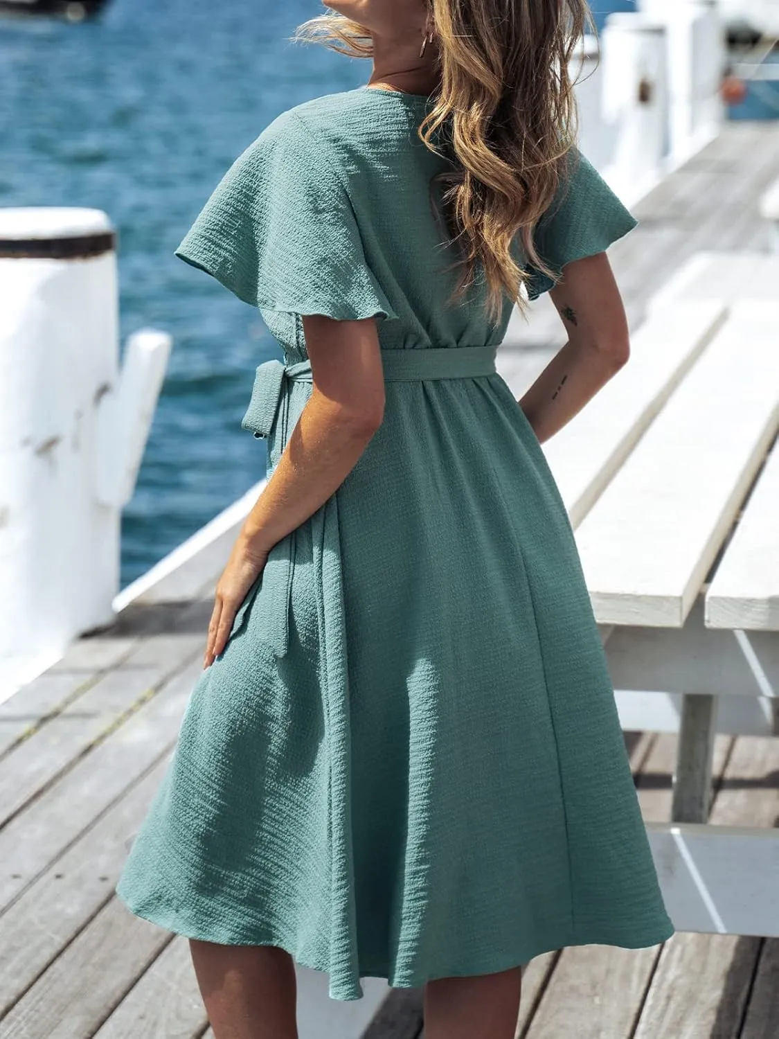 CUPSHE Women's V Neck Belted Flare Sleeve Midi Dress Short Sleeves Wrap A Line Dress