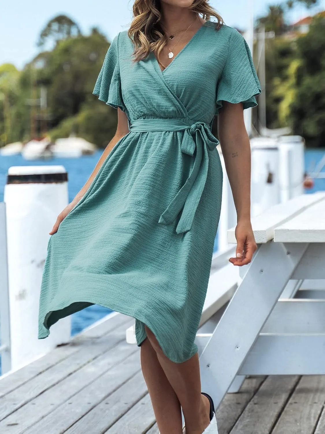CUPSHE Women's V Neck Belted Flare Sleeve Midi Dress Short Sleeves Wrap A Line Dress