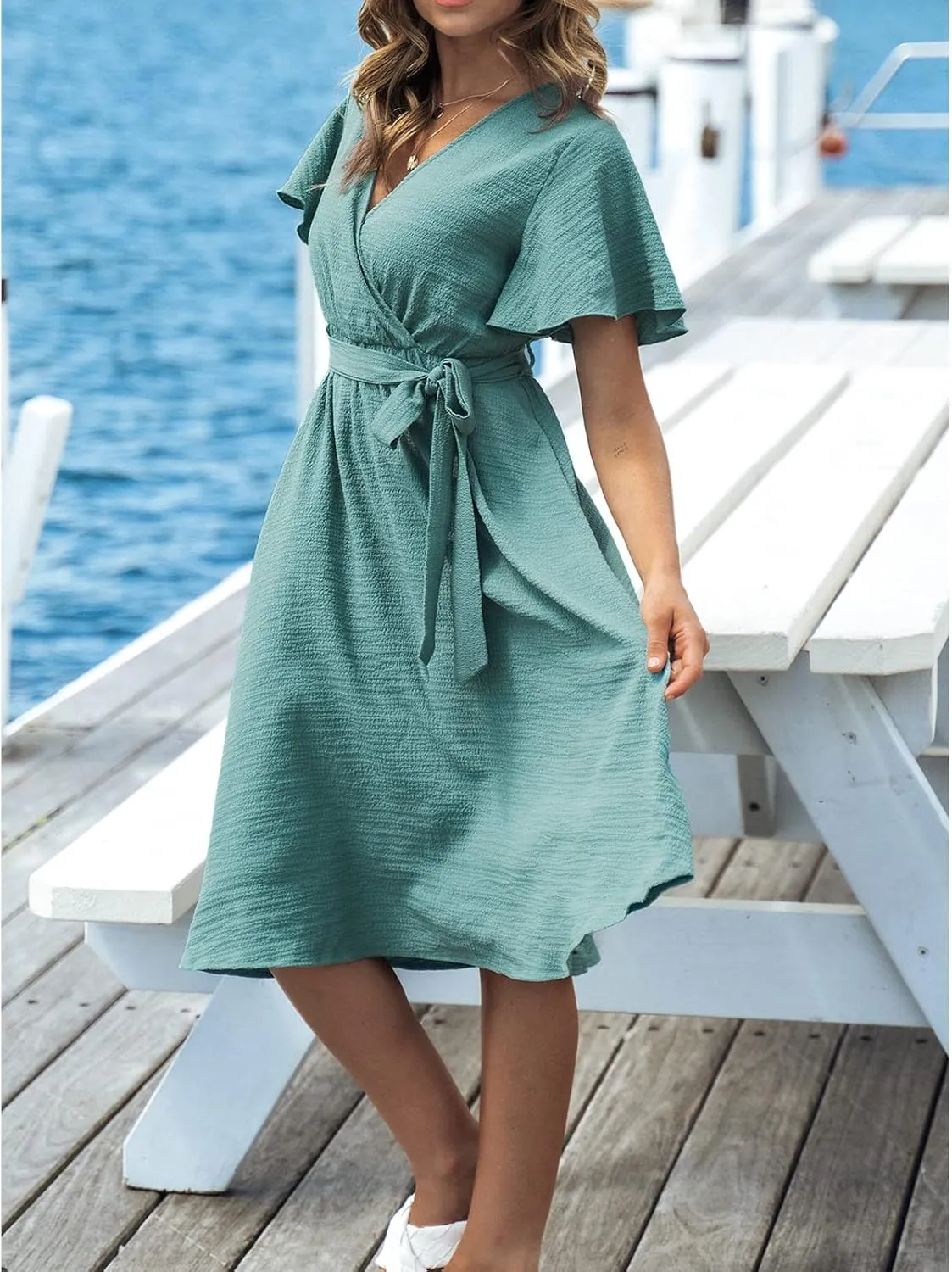 CUPSHE Women's V Neck Belted Flare Sleeve Midi Dress Short Sleeves Wrap A Line Dress