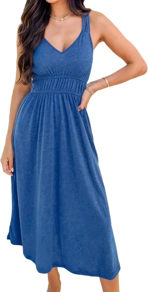 CUPSHE Women's V Neck Sleeveless Pleated Ruched Midi Dress Casual A Line Knit Long Dress
