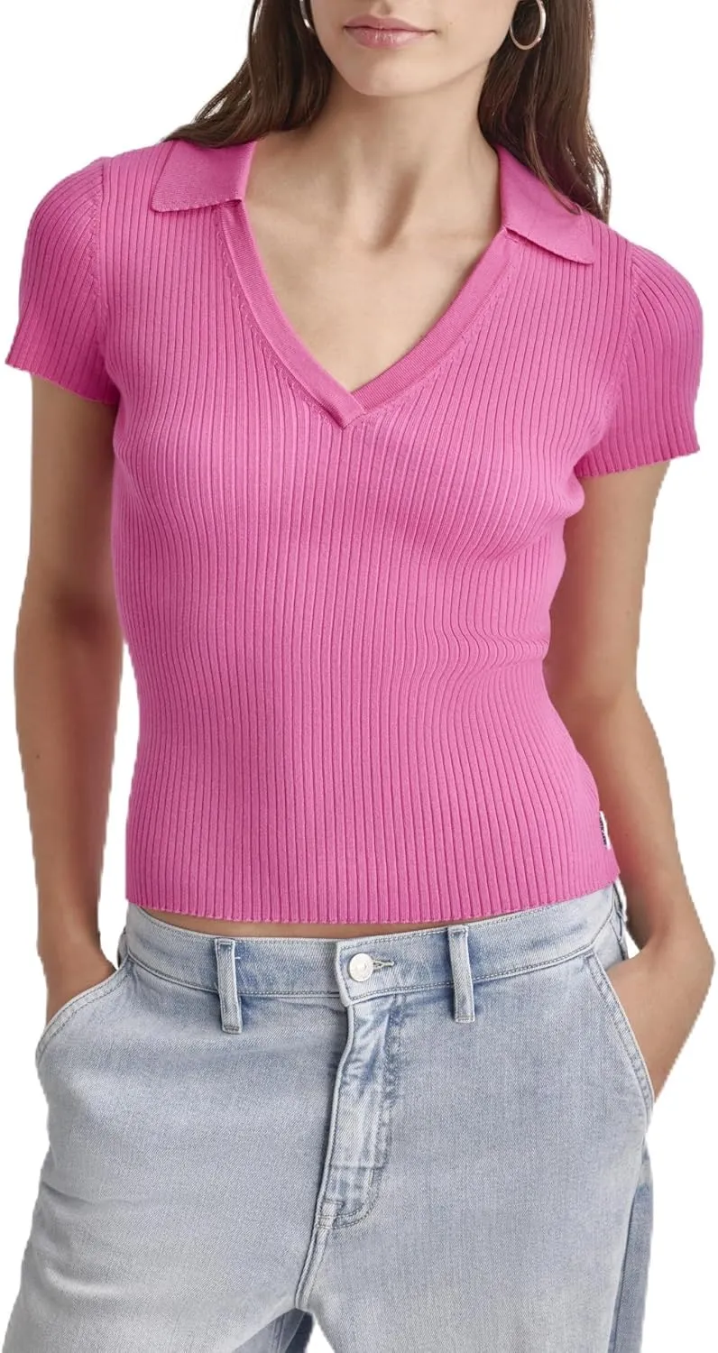 DKNY Women's Soft Ribbed Polo Jeans Sweater