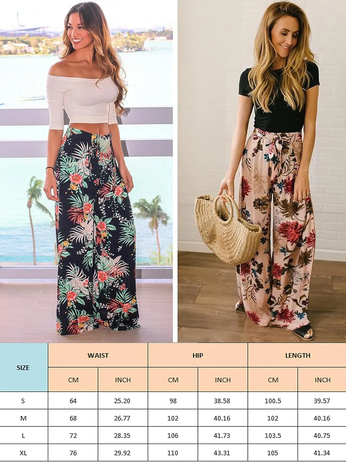 ECOWISH Wide Leg Pants for Women Summer 2025 Palazzo Tropical Floral Casual High Waist Flared Trousers with Pockets