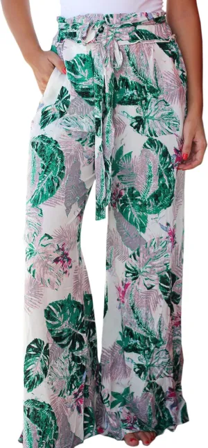ECOWISH Wide Leg Pants for Women Summer 2025 Palazzo Tropical Floral Casual High Waist Flared Trousers with Pockets