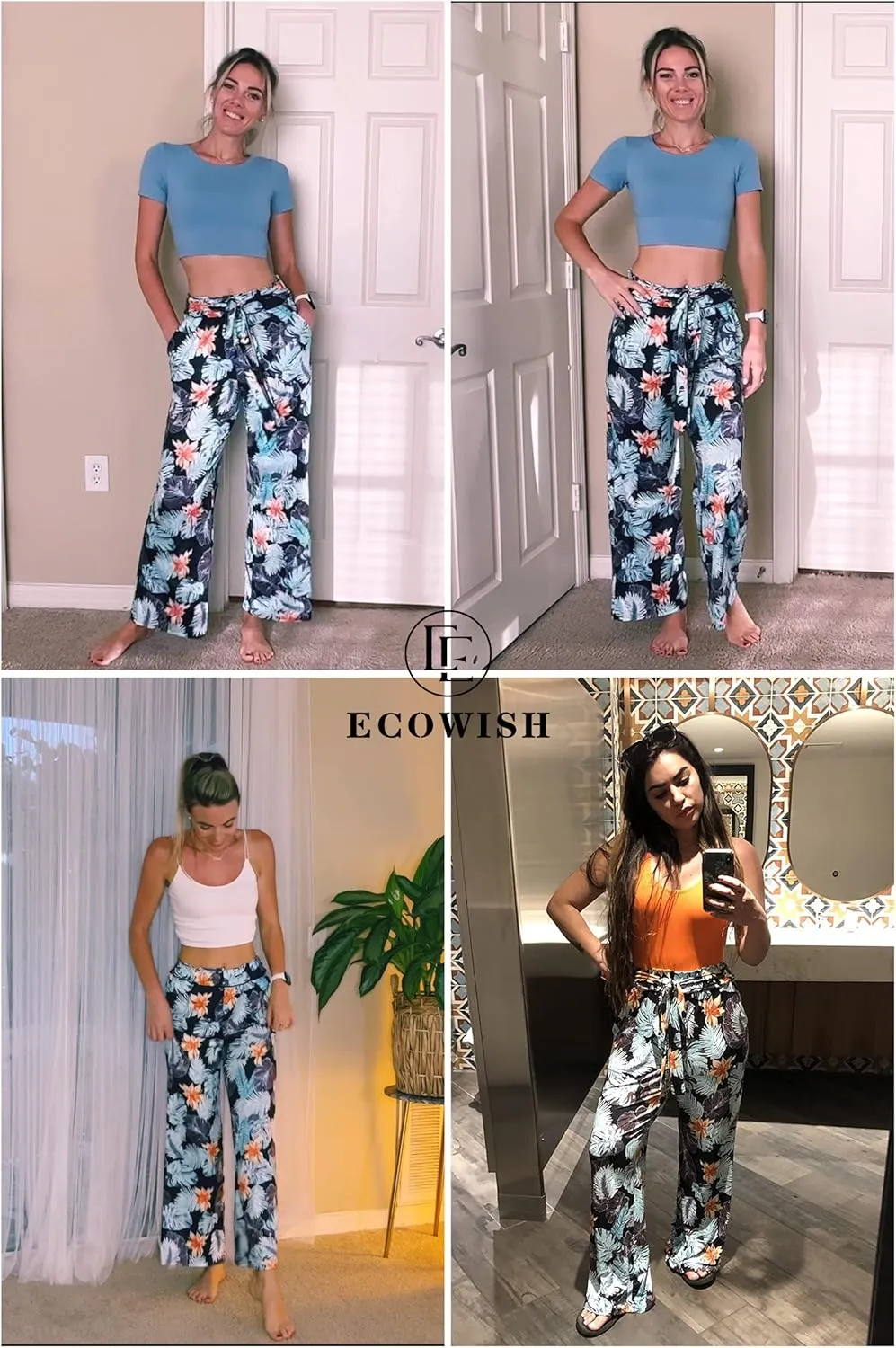ECOWISH Wide Leg Pants for Women Summer 2025 Palazzo Tropical Floral Casual High Waist Flared Trousers with Pockets