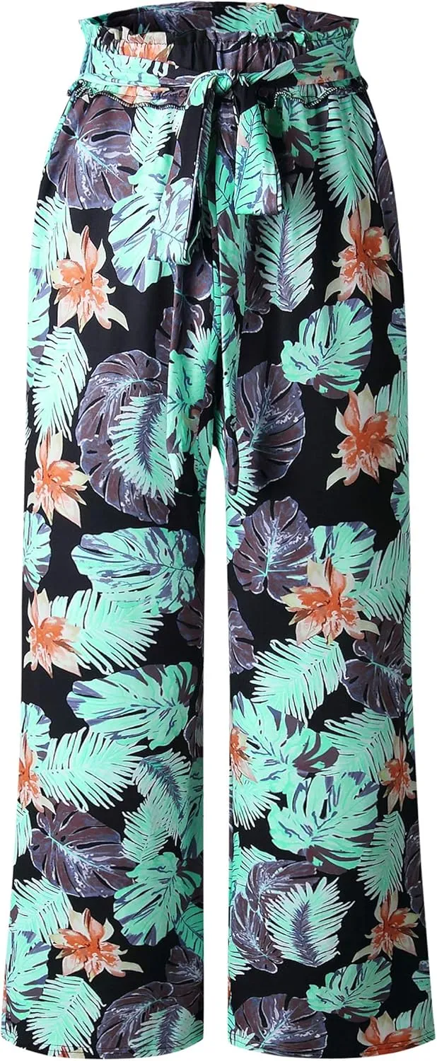 ECOWISH Wide Leg Pants for Women Summer 2025 Palazzo Tropical Floral Casual High Waist Flared Trousers with Pockets