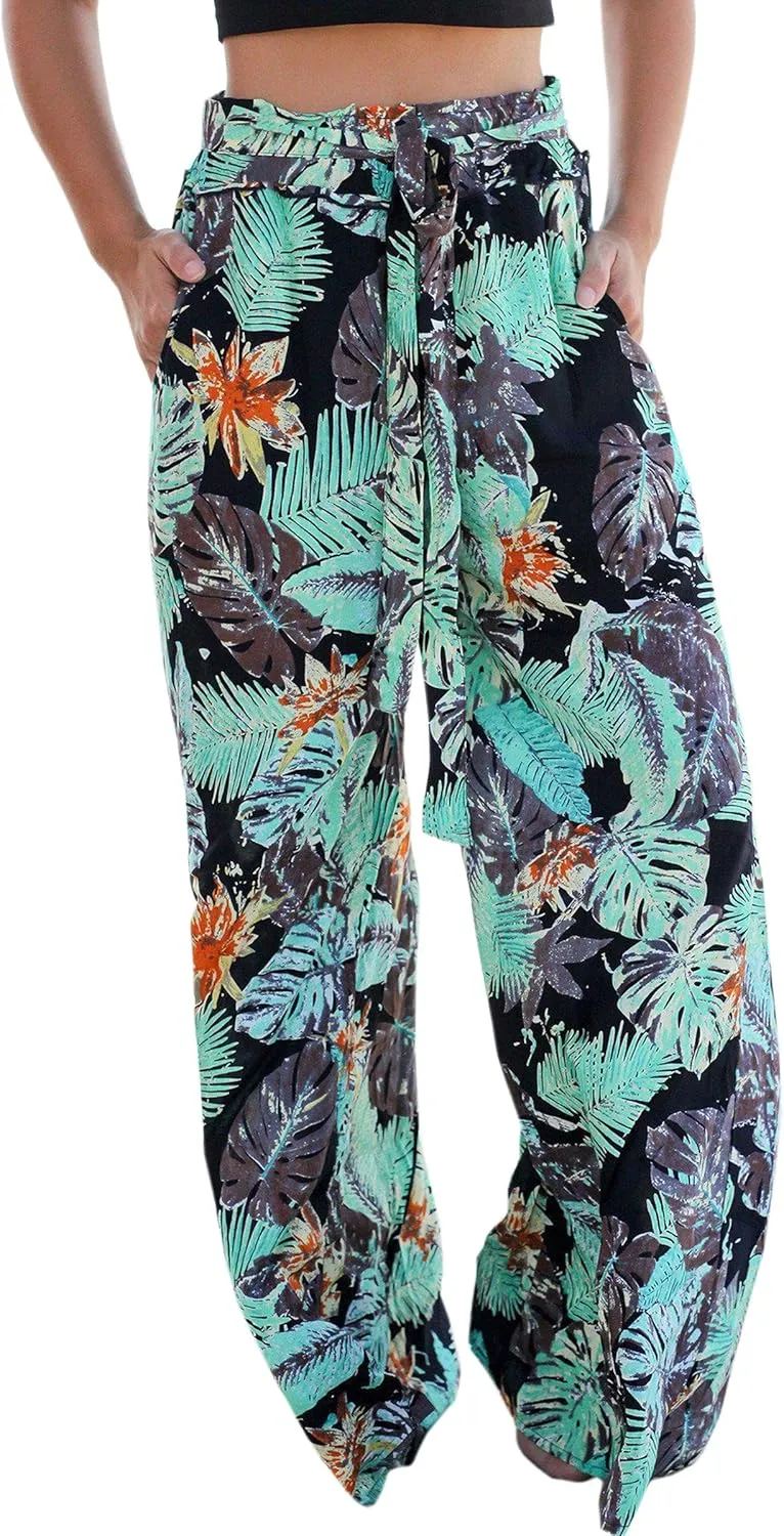 ECOWISH Wide Leg Pants for Women Summer 2025 Palazzo Tropical Floral Casual High Waist Flared Trousers with Pockets