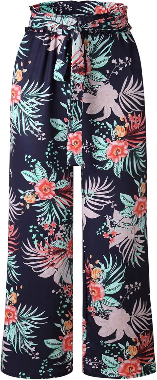 ECOWISH Wide Leg Pants for Women Summer 2025 Palazzo Tropical Floral Casual High Waist Flared Trousers with Pockets