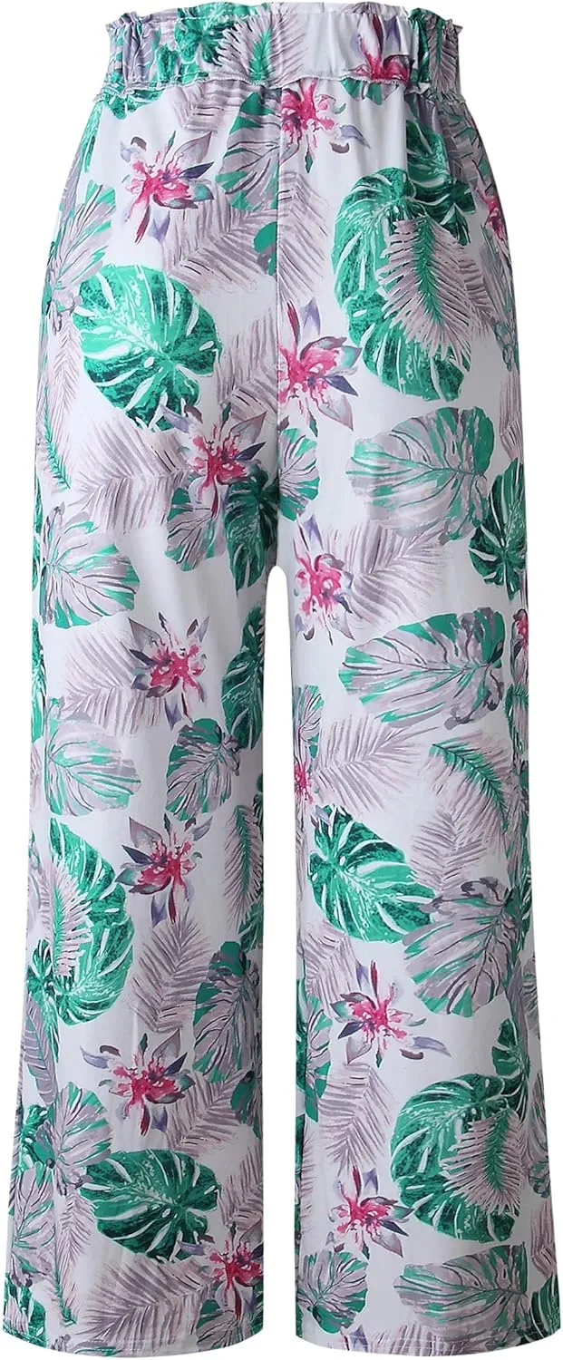ECOWISH Wide Leg Pants for Women Summer 2025 Palazzo Tropical Floral Casual High Waist Flared Trousers with Pockets