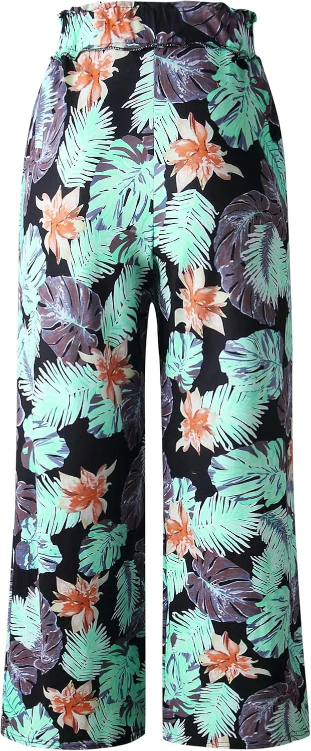 ECOWISH Wide Leg Pants for Women Summer 2025 Palazzo Tropical Floral Casual High Waist Flared Trousers with Pockets