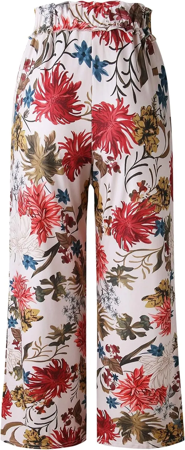 ECOWISH Wide Leg Pants for Women Summer 2025 Palazzo Tropical Floral Casual High Waist Flared Trousers with Pockets