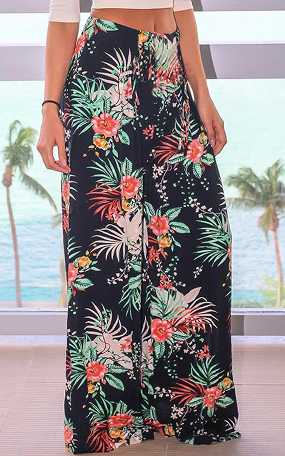 ECOWISH Wide Leg Pants for Women Summer 2025 Palazzo Tropical Floral Casual High Waist Flared Trousers with Pockets