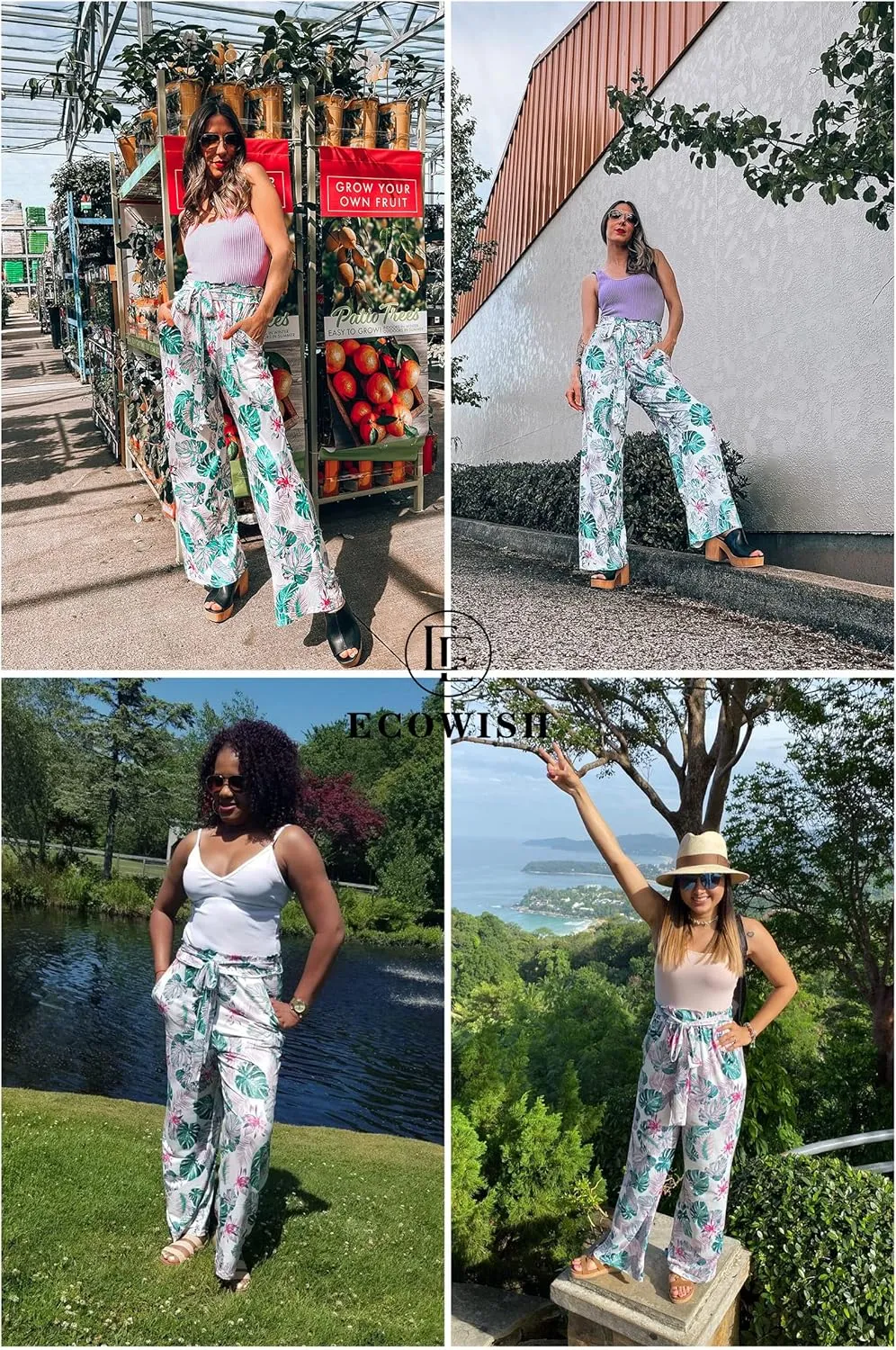 ECOWISH Wide Leg Pants for Women Summer 2025 Palazzo Tropical Floral Casual High Waist Flared Trousers with Pockets