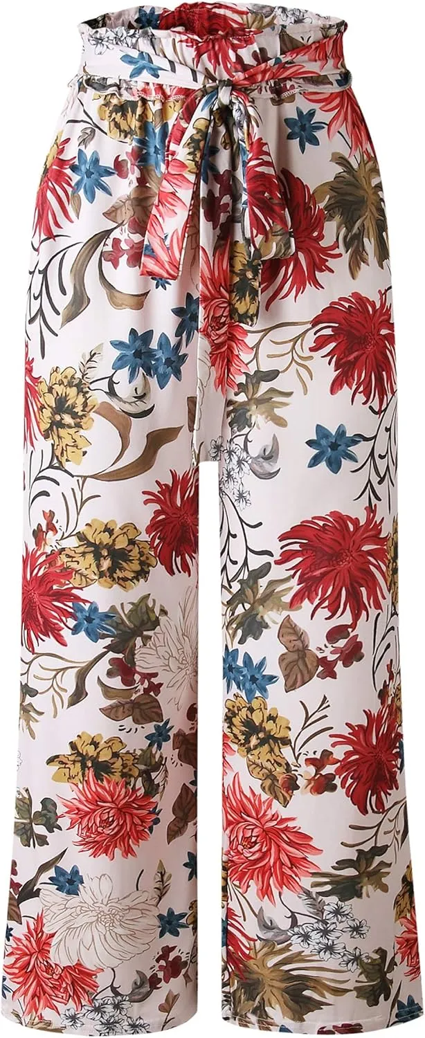 ECOWISH Wide Leg Pants for Women Summer 2025 Palazzo Tropical Floral Casual High Waist Flared Trousers with Pockets