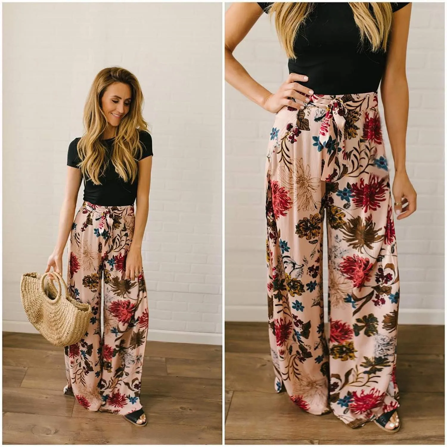 ECOWISH Wide Leg Pants for Women Summer 2025 Palazzo Tropical Floral Casual High Waist Flared Trousers with Pockets