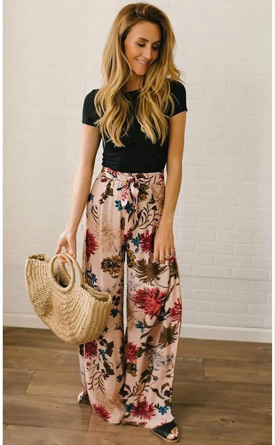 ECOWISH Wide Leg Pants for Women Summer 2025 Palazzo Tropical Floral Casual High Waist Flared Trousers with Pockets