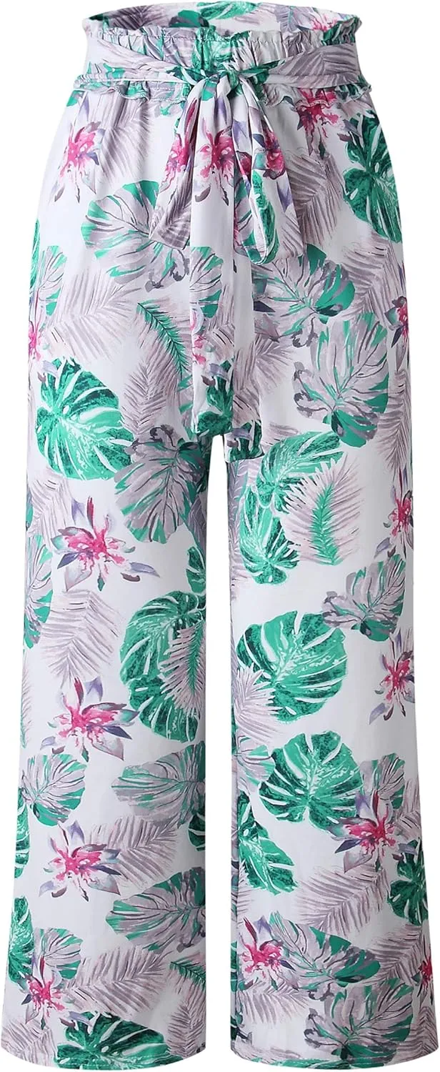 ECOWISH Wide Leg Pants for Women Summer 2025 Palazzo Tropical Floral Casual High Waist Flared Trousers with Pockets