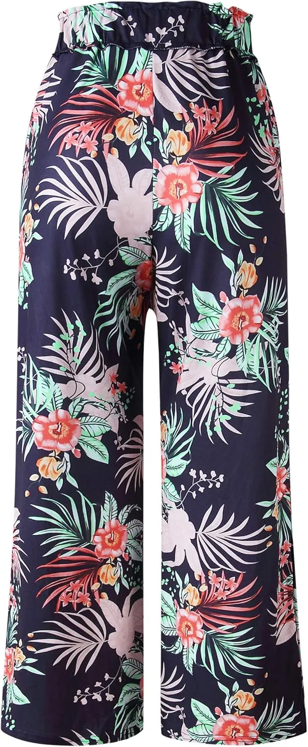ECOWISH Wide Leg Pants for Women Summer 2025 Palazzo Tropical Floral Casual High Waist Flared Trousers with Pockets