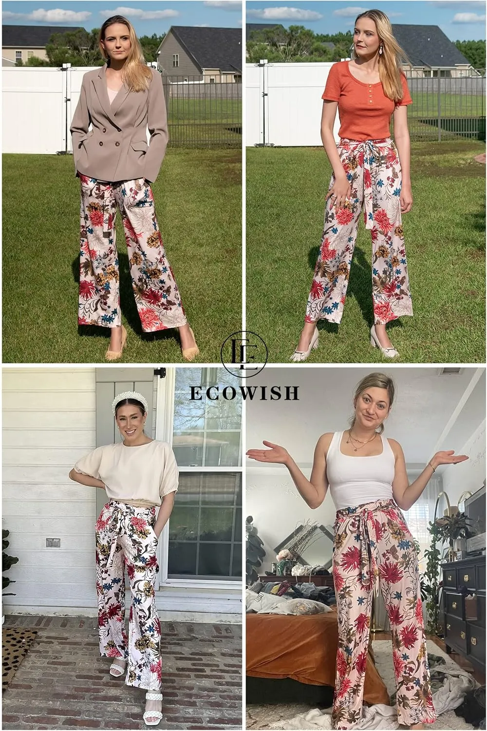 ECOWISH Wide Leg Pants for Women Summer 2025 Palazzo Tropical Floral Casual High Waist Flared Trousers with Pockets