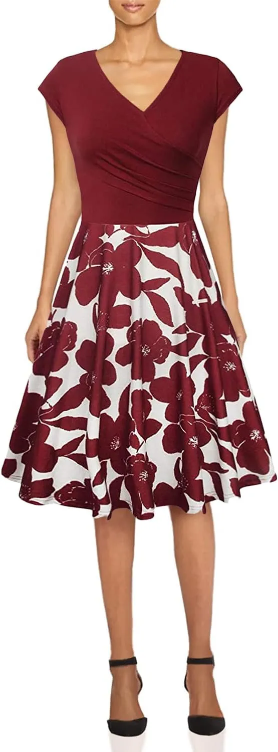EFOFEI Womens Casual Swing Dress Floral Printed Dress Short Sleeve Wrap V Neck A Line Midi Dress