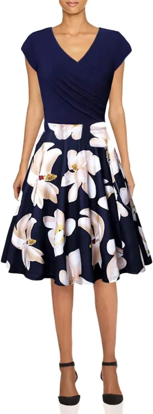 EFOFEI Womens Casual Swing Dress Floral Printed Dress Short Sleeve Wrap V Neck A Line Midi Dress