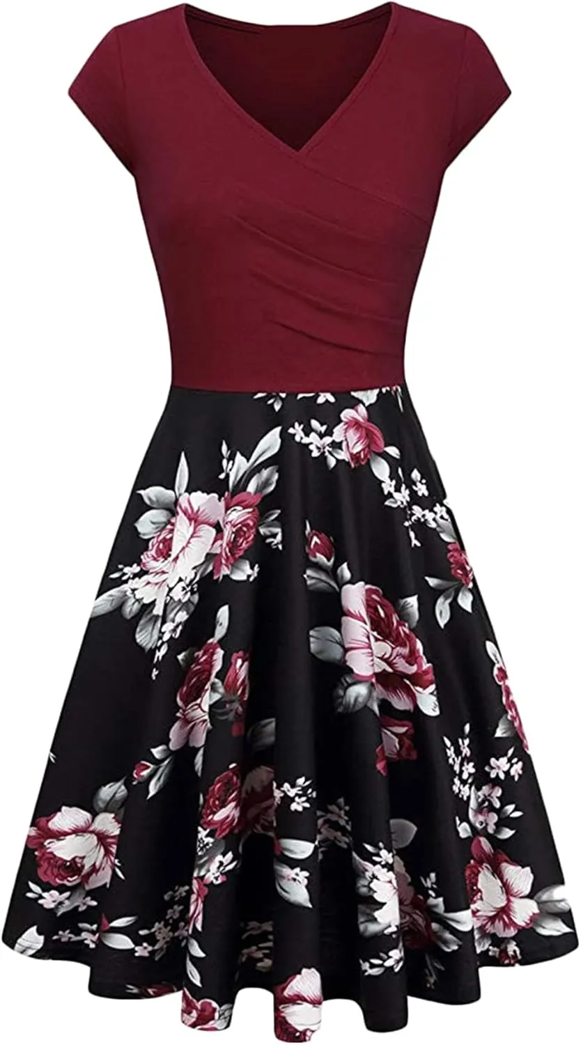 EFOFEI Womens Casual Swing Dress Floral Printed Dress Short Sleeve Wrap V Neck A Line Midi Dress