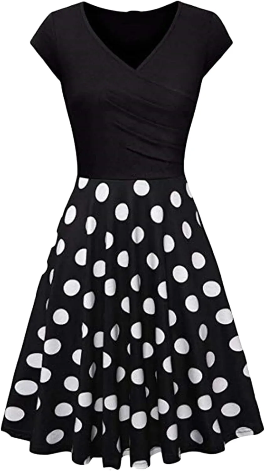EFOFEI Womens Casual Swing Dress Floral Printed Dress Short Sleeve Wrap V Neck A Line Midi Dress