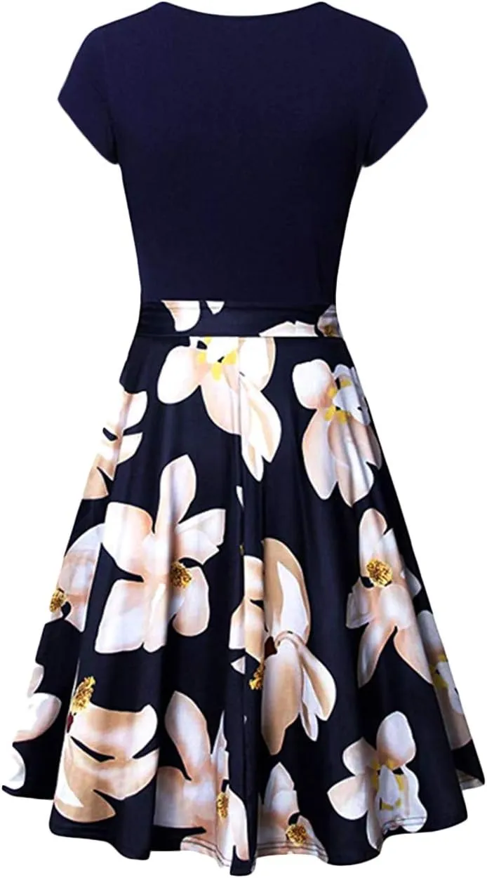 EFOFEI Womens Casual Swing Dress Floral Printed Dress Short Sleeve Wrap V Neck A Line Midi Dress